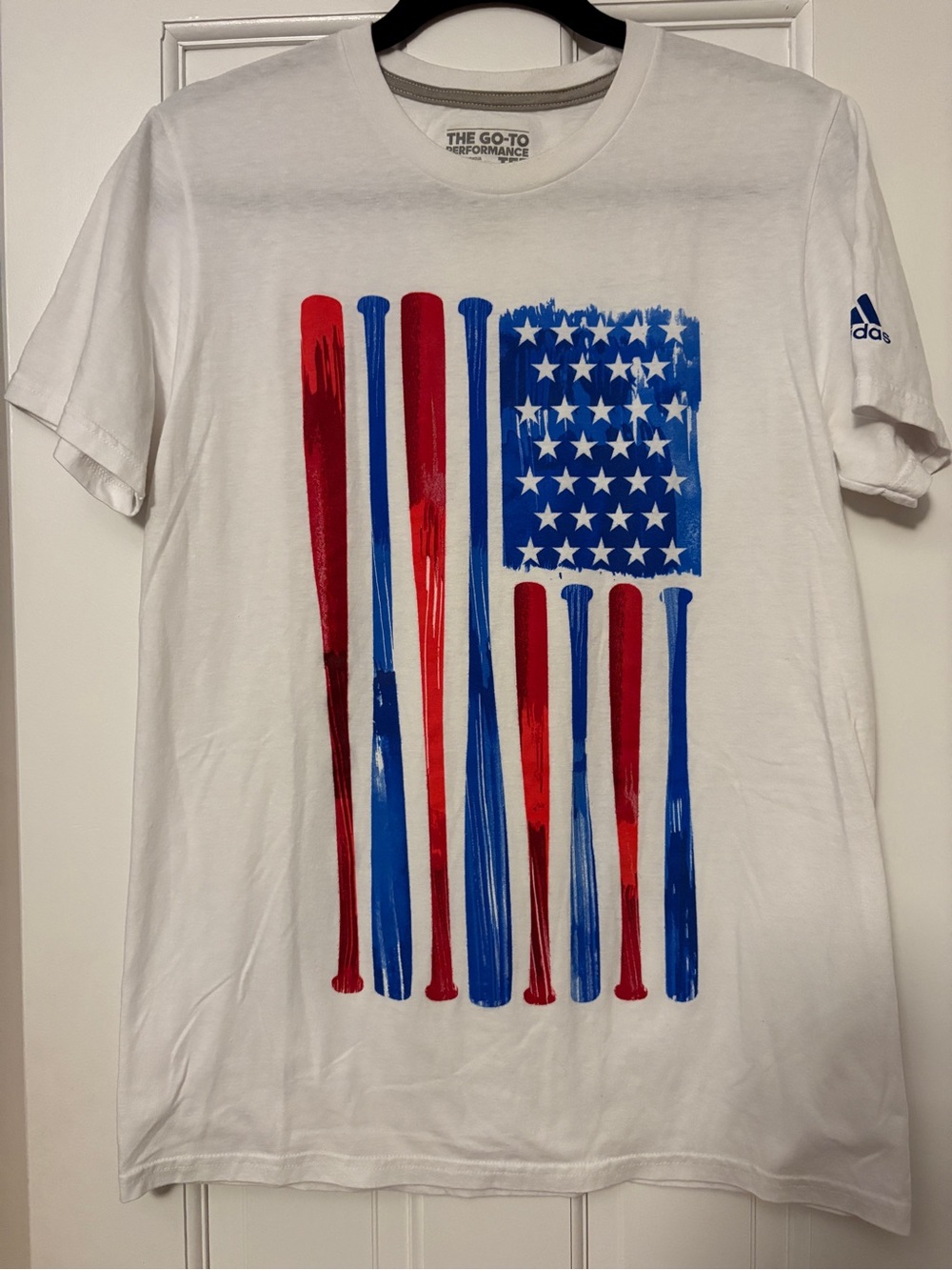 *July 4th* adidas White Short-Sleeve Tee with Red & Blue Flag Bat Graphic